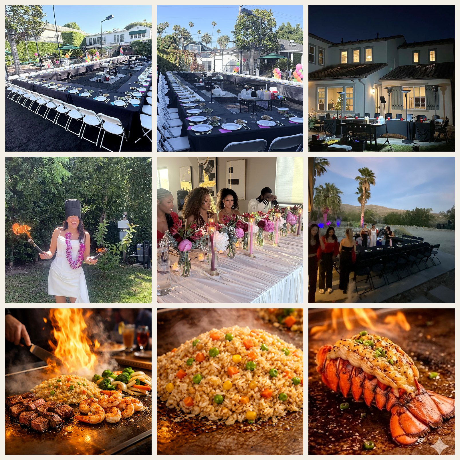 Nine real Alhambra style backyard hibachi party scenes with tables, guests, chef setup, and food