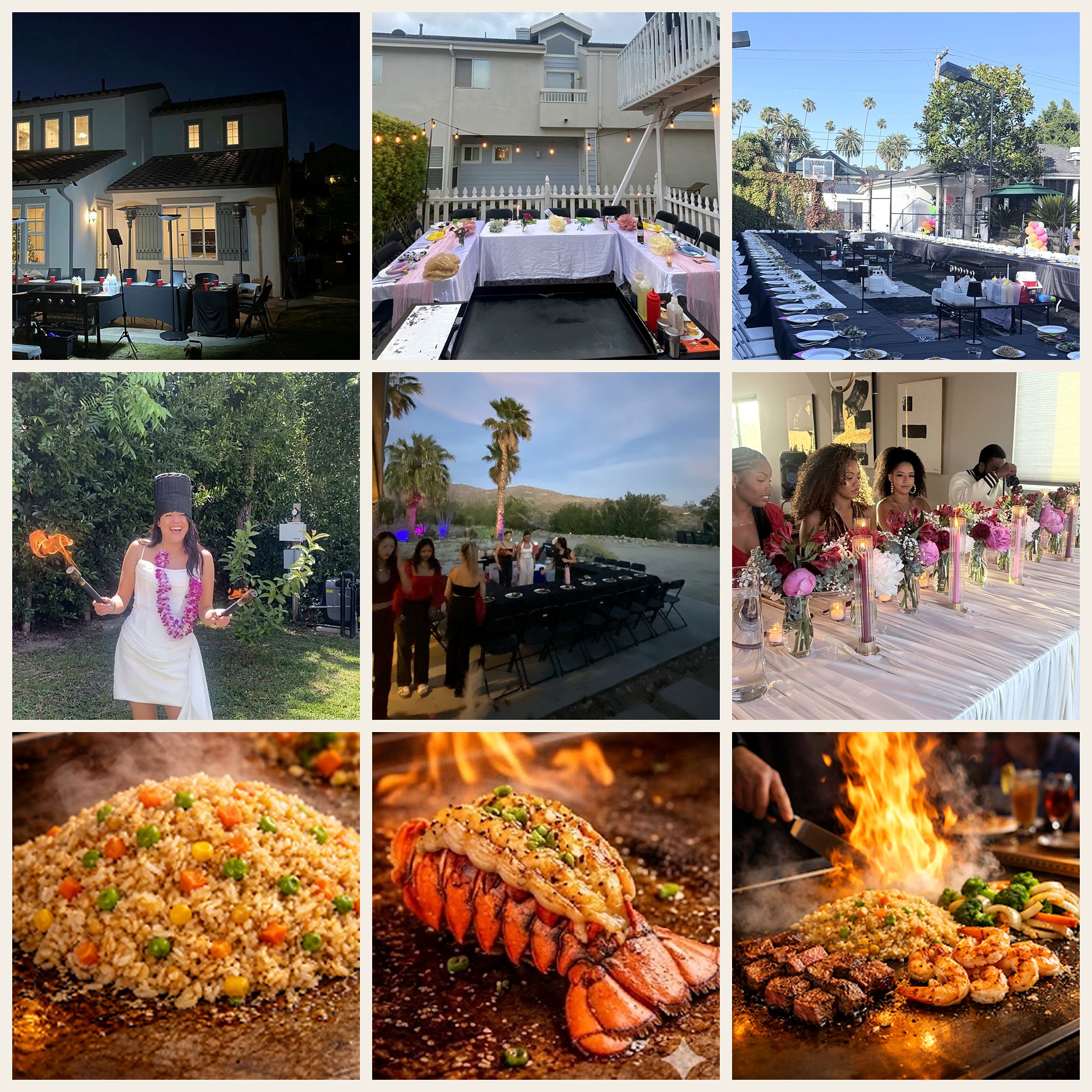 Nine real Burbank style birthday hibachi at home scenes with backyard tables, chef setup, guests, and grill food