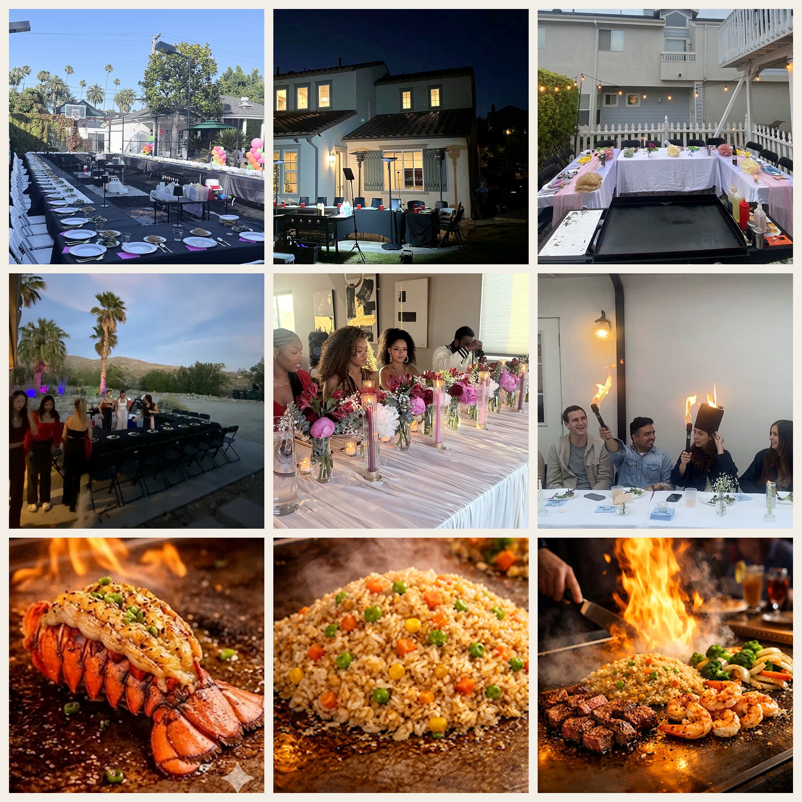 Nine real Glendale style private hibachi party scenes with outdoor dining, grills, guests, and food closeups