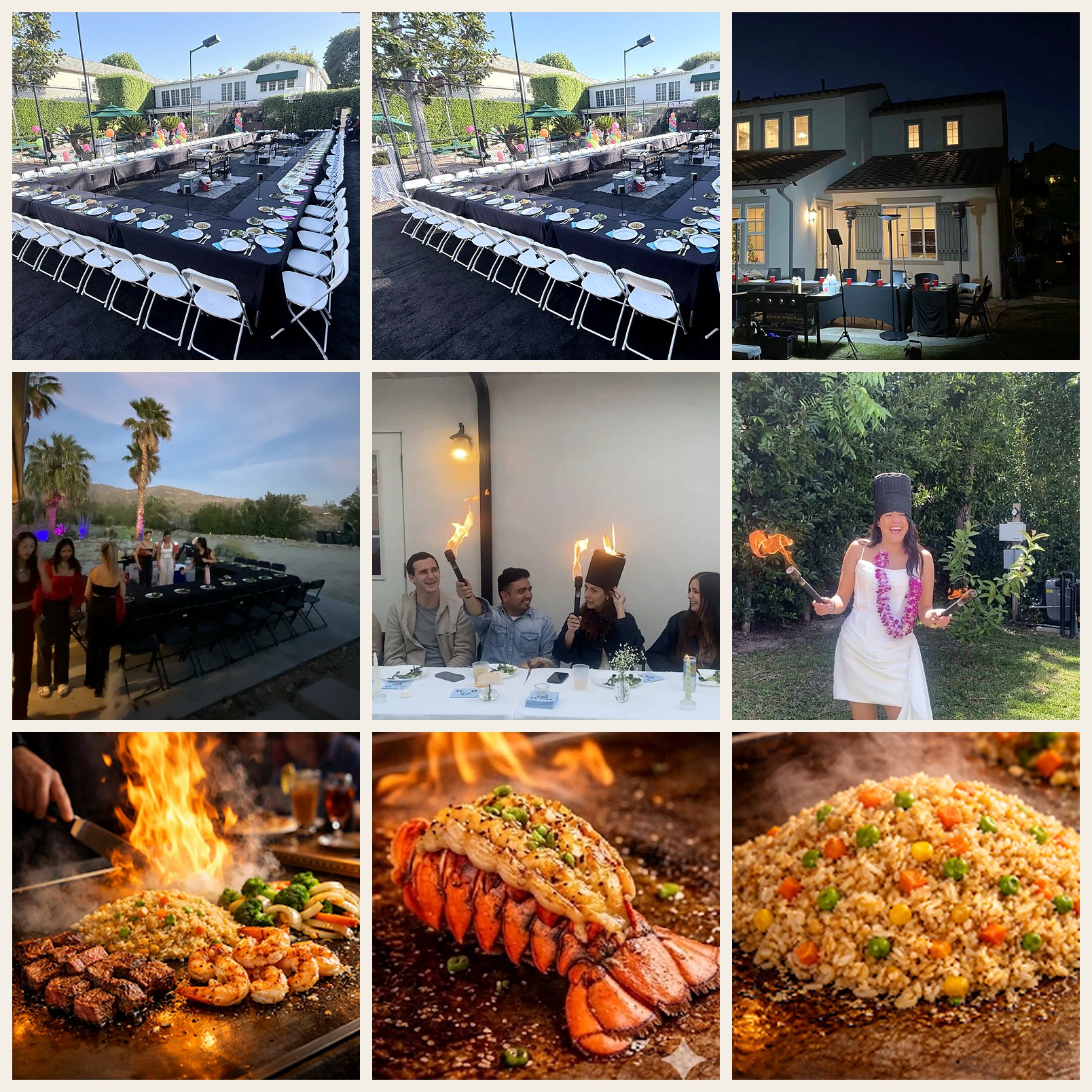 Nine real Monterey Park style mobile hibachi party scenes with long tables, chef setup, guests, and food