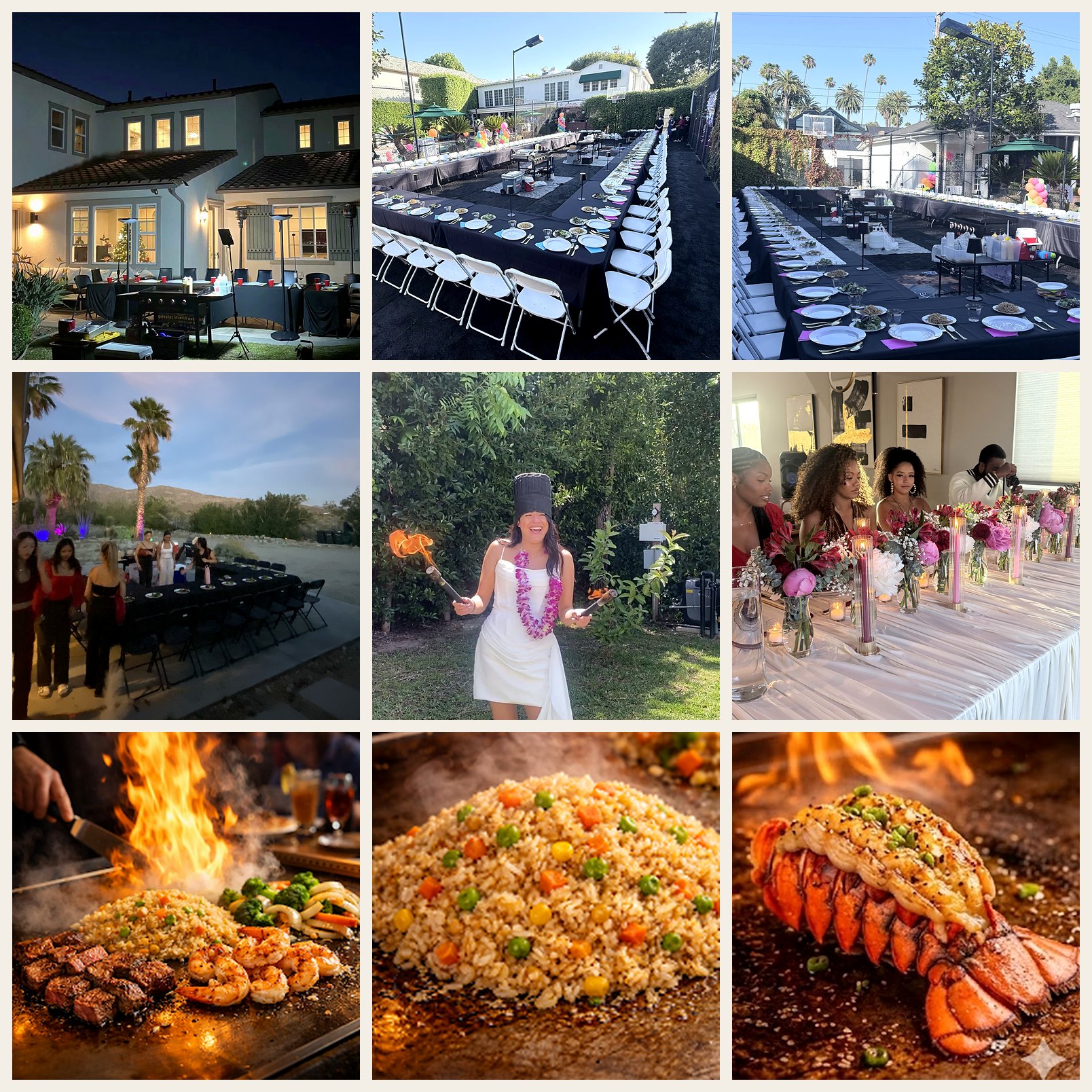 Nine real Orange County style hibachi at home party scenes with outdoor dining, guests, grills, and event setup