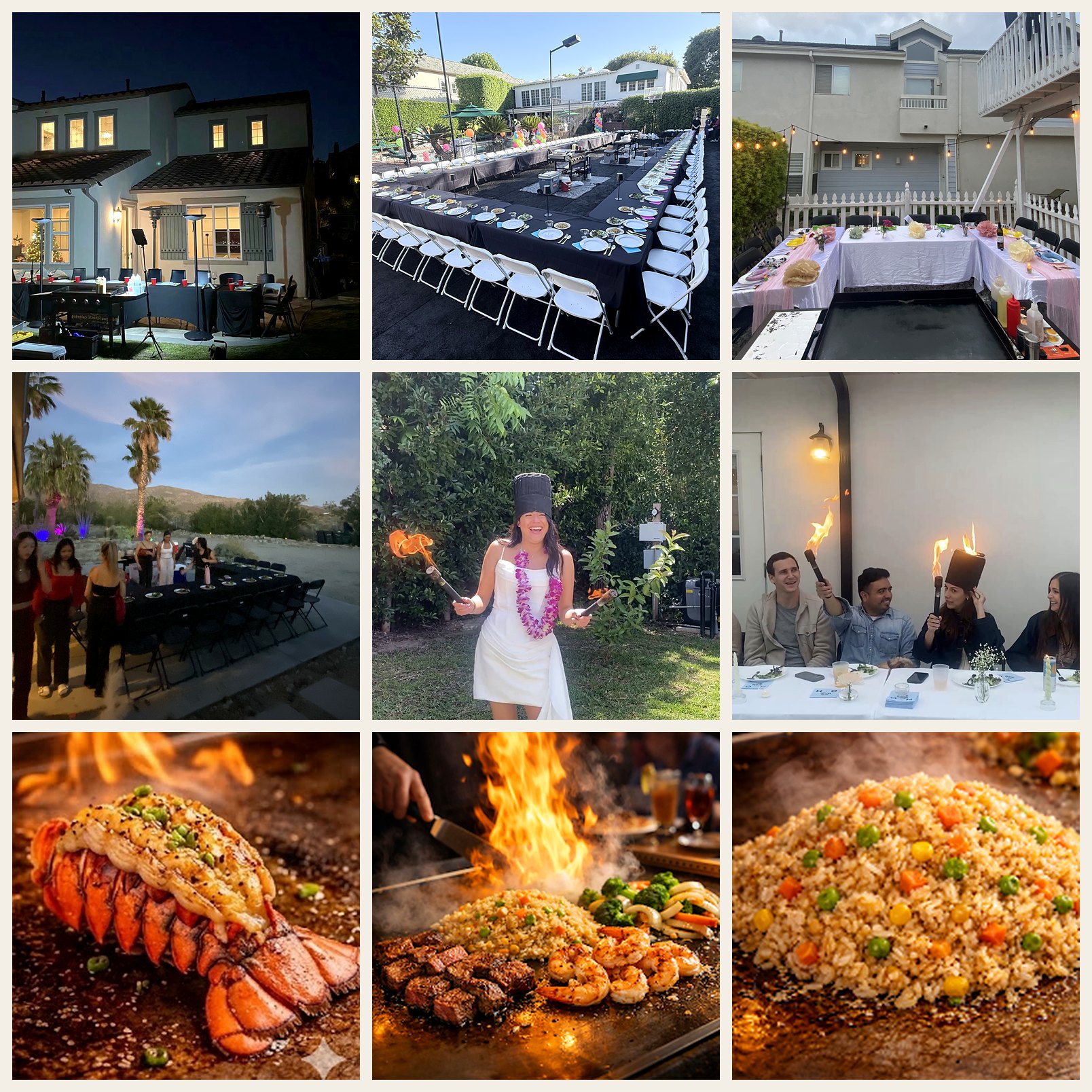 Nine real Rosemead style hibachi at home party scenes with guests, tables, grill setup, and food closeups