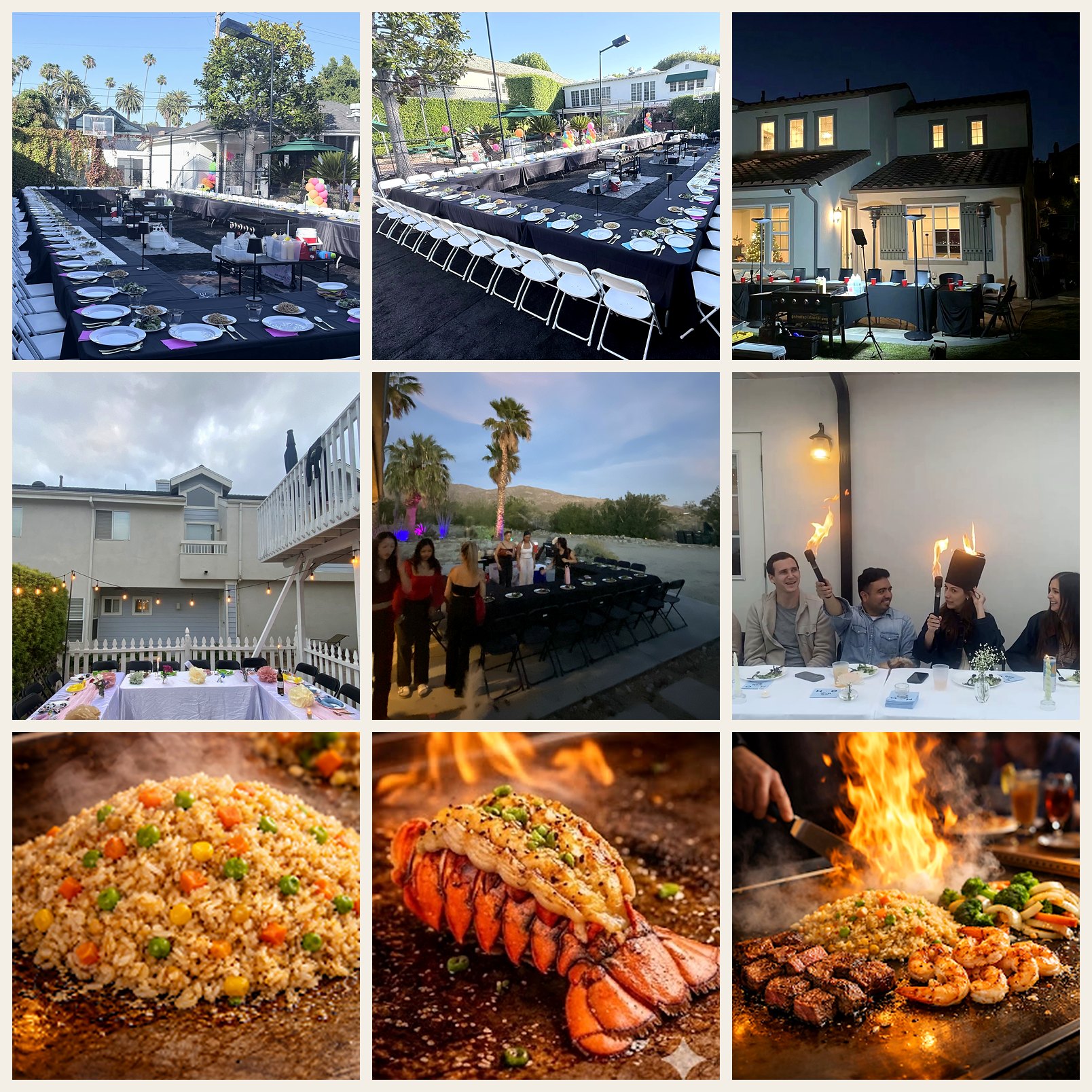 Nine real San Gabriel style hibachi at home party scenes with backyard tables, grills, guests, and food
