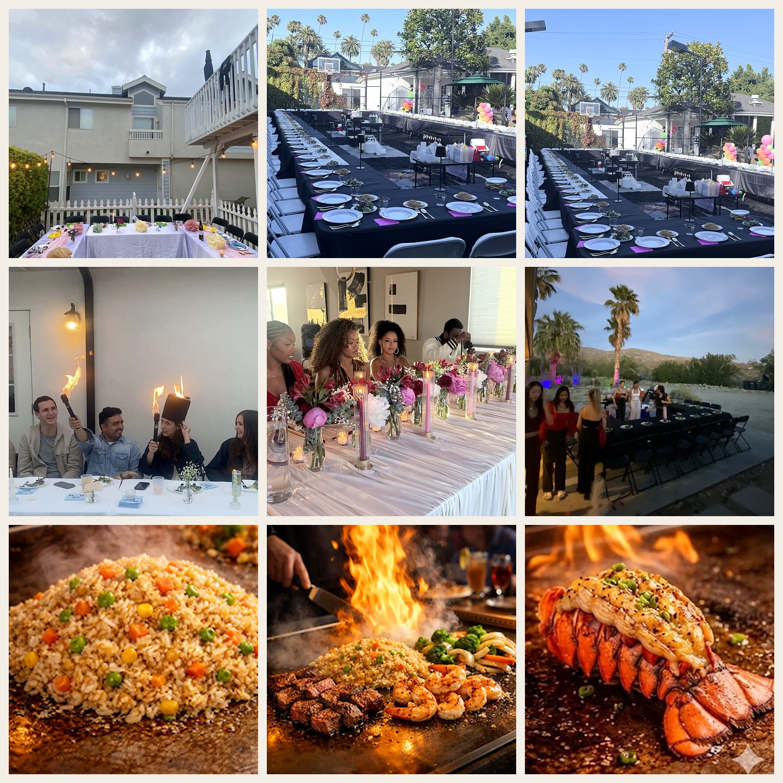 Nine real Temple City style hibachi party scenes with backyard dining, grill setup, guests, and fire show energy
