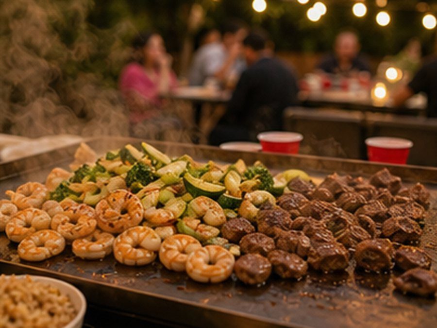 Sizzle Yard party-style hibachi at home scenes with backyard tables, grill food, small fire moment when safe and allowed, balloons, and guests