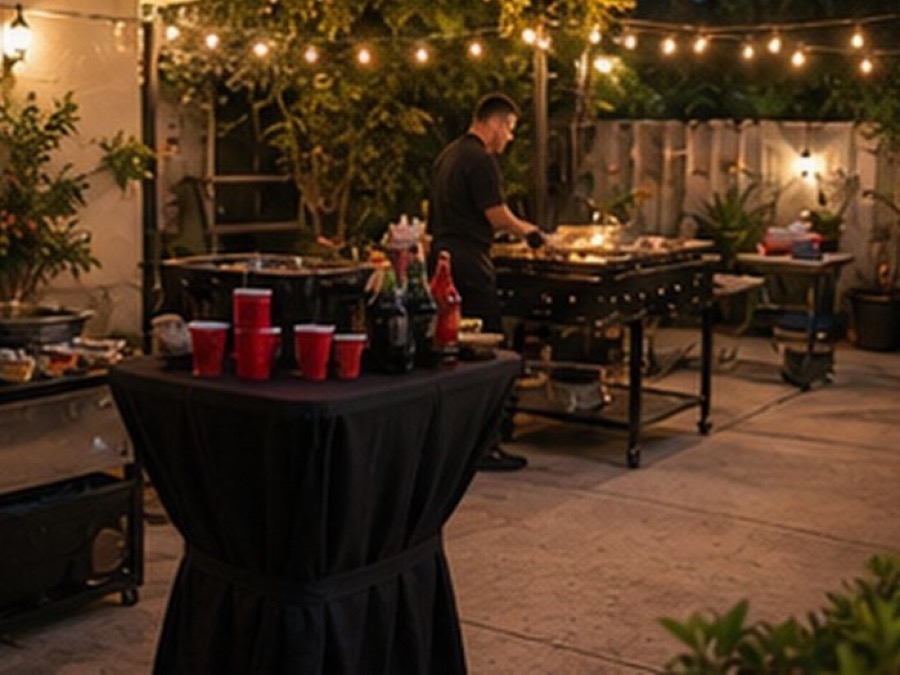 Sizzle Yard party-style hibachi at home scenes with backyard tables, grill food, small fire moment when safe and allowed, balloons, and guests