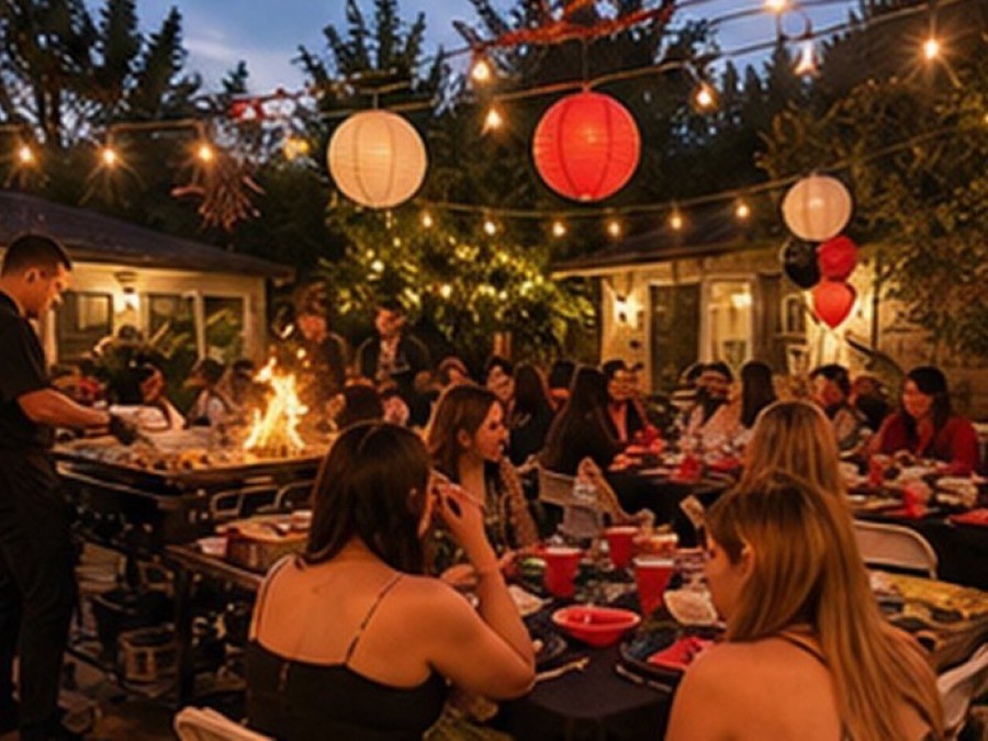 Sizzle Yard party-style hibachi at home scenes with backyard tables, grill food, small fire moment when safe and allowed, balloons, and guests