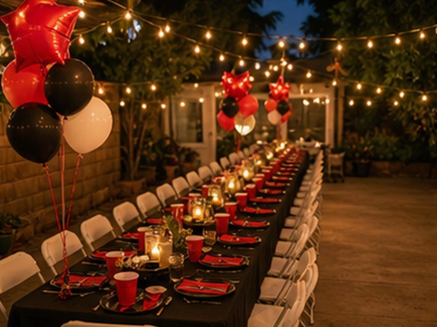 Sizzle Yard party-style hibachi at home scenes with backyard tables, grill food, small fire moment when safe and allowed, balloons, and guests