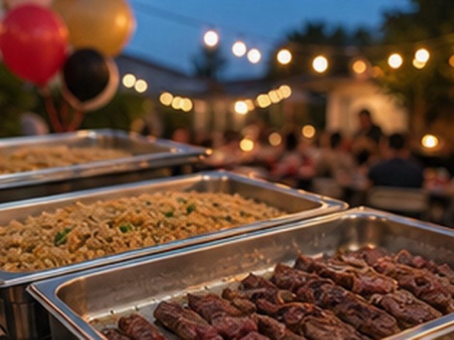 Sizzle Yard party-style hibachi at home scenes with backyard tables, grill food, small fire moment when safe and allowed, balloons, and guests