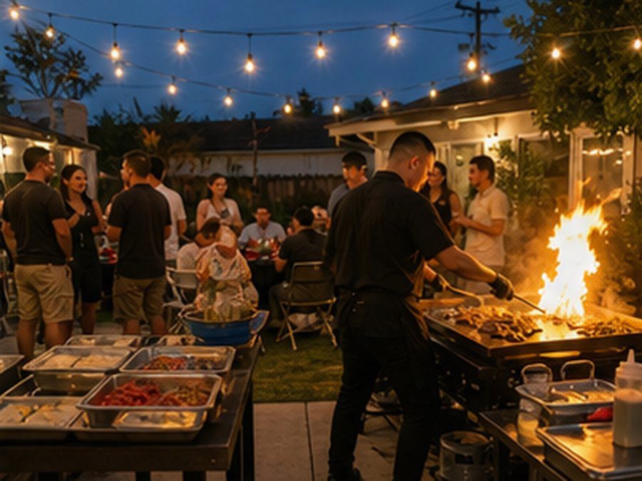 Sizzle Yard party-style hibachi at home scenes with backyard tables, grill food, small fire moment when safe and allowed, balloons, and guests