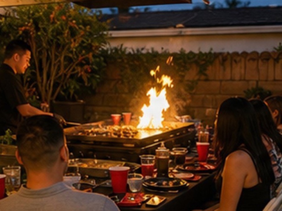 Sizzle Yard party-style hibachi at home scenes with backyard tables, grill food, small fire moment when safe and allowed, balloons, and guests
