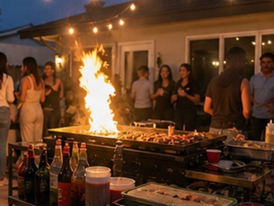 Sizzle Yard party-style hibachi at home scenes with backyard tables, grill food, small fire moment when safe and allowed, balloons, and guests