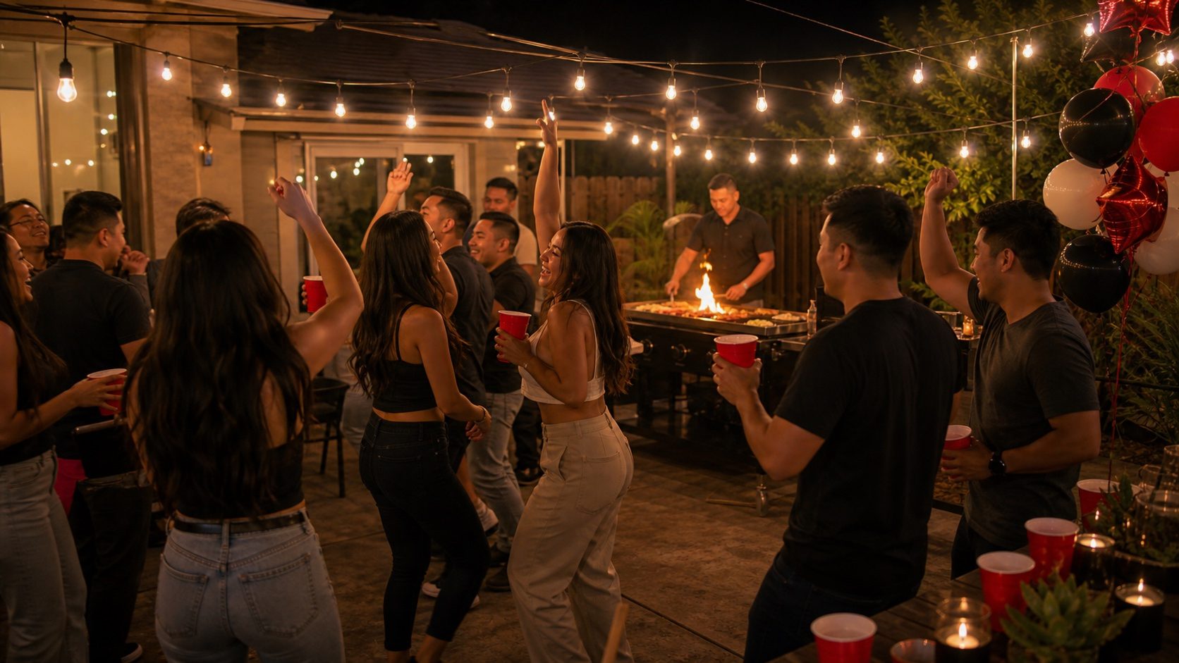 Sizzle Yard Hibachi at home party setup for San Diego with backyard tables, chef grill, food, balloons, and guests