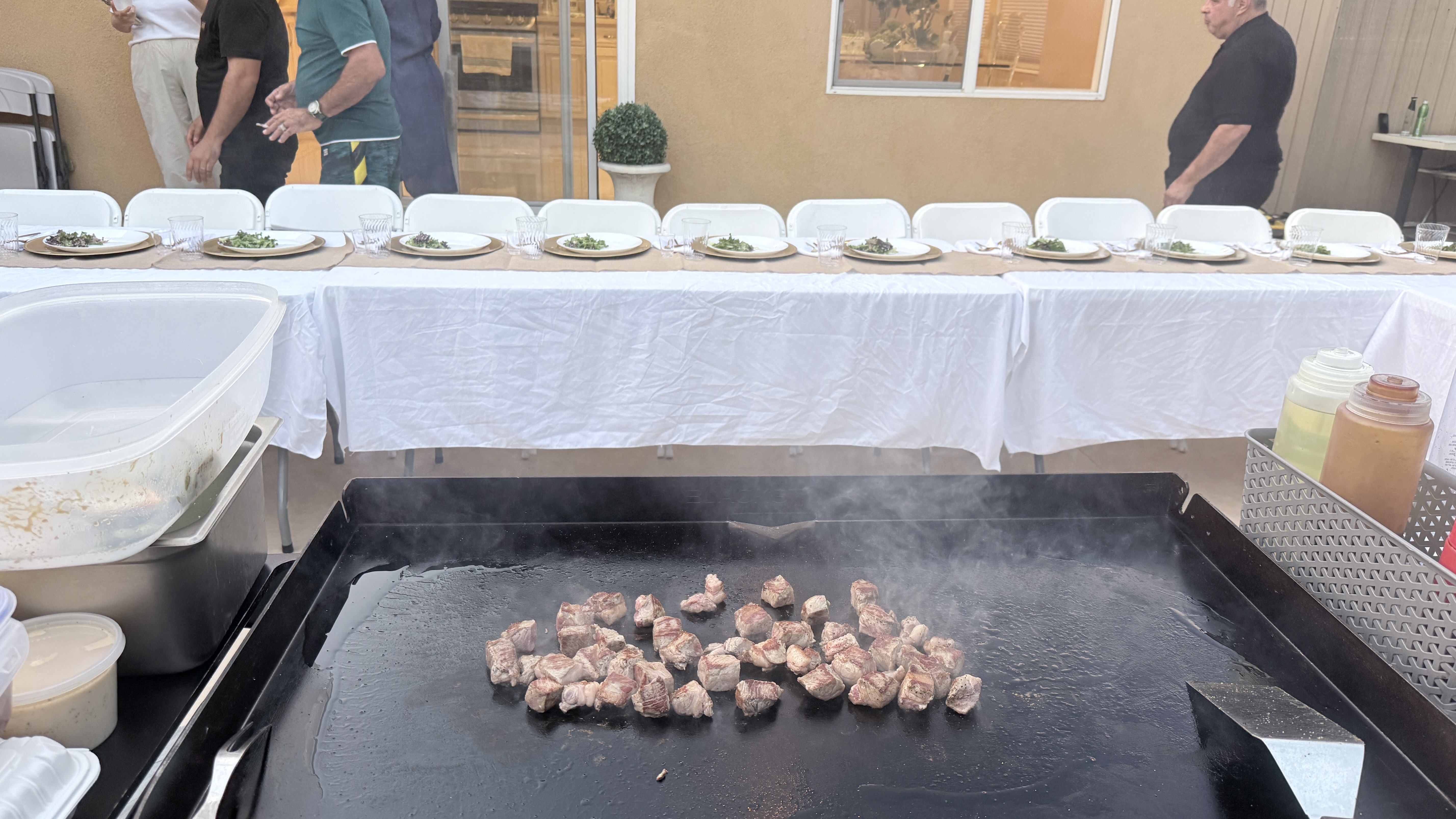 Steak cooking during a real private hibachi event